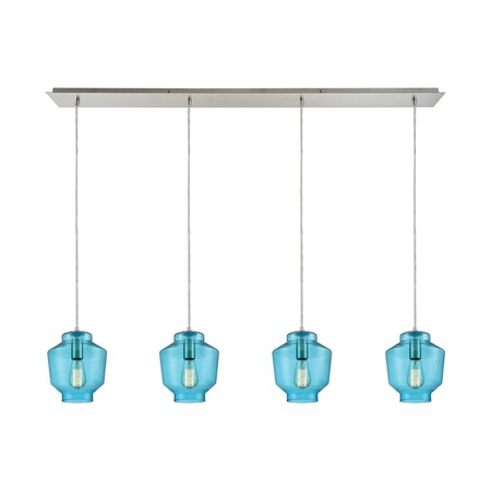 Elk Lighting Barrel 4-Lght Linear Pendant in Satin Nckl w/Aqua Blown Glass 10915/4LP
